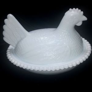 vintage indiana glass milk glass hen trinket ring holder candy dish